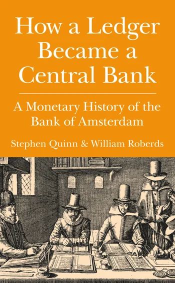 Bokomslag om Bank of Amsterdam med historisk tegning av menn ved regnskapsbøker.